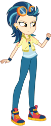 Size: 633x1569 | Tagged: safe, artist:ajosterio, imported from derpibooru, indigo zap, human, equestria girls, clothes, clothes swap, female, goggles, jacket, jewelry, lightning, necklace, pants, pockets, shirt, shoes, simple background, smiling, solo, transparent background, wristband