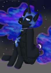 Size: 2480x3508 | Tagged: safe, artist:sh4deshad0w41, imported from derpibooru, nightmare moon, alicorn, pony, armored pony, behaving like a dog, eyebrows, female, folded wings, frown, gradient background, high res, jewelry, looking at you, mare, name tag, necklace, pet tag, scratching, sitting, solo, teeth, wide eyes, wings