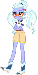 Size: 722x1433 | Tagged: safe, artist:ajosterio, imported from derpibooru, sugarcoat, human, equestria girls, legend of everfree, belt, boots, camp everfree logo, camp everfree outfits, clothes, collar, crossed arms, denim, denim shorts, female, glasses, legs, pockets, ponytails, shirt, shoes, shorts, simple background, solo, transparent background