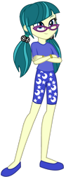 Size: 443x1184 | Tagged: safe, artist:ajosterio, imported from derpibooru, juniper montage, human, equestria girls, ankles, clothes, clothes swap, crescent moon, crossed arms, female, glasses, moon, pants, ponytails, shoes, simple background, smiling, solo, stars, transparent background, wristband