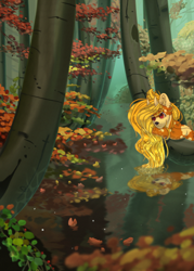 Size: 2500x3500 | Tagged: safe, artist:medkit, imported from derpibooru, oc, oc only, oc:lantern, deer, deer pony, earth pony, hybrid, original species, pony, autumn, autumn leaves, big eyes, complex background, deer nose, deer oc, eyes open, falling leaves, female, fog, forest, high res, horns, leaves, long mane, mare, non-pony oc, paint tool sai 2, reflection, ripples, river, solo, speedpaint, tree, water