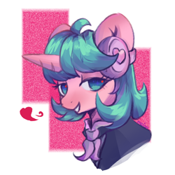 Size: 1040x1040 | Tagged: safe, artist:melonlicious, imported from derpibooru, oc, oc only, oc:melonlicious, pony, unicorn, headphones, heart, simple background, smiling, solo