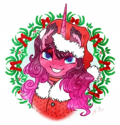 Size: 1962x2048 | Tagged: safe, artist:opalacorn, imported from derpibooru, oc, oc only, oc:garnet midnight, pony, unicorn, bust, christmas, female, freckles, grin, hat, holiday, holly, looking at you, mare, santa hat, simple background, smiling, smiling at you, solo, white background
