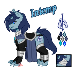 Size: 736x700 | Tagged: safe, artist:eve-of-halloween, imported from derpibooru, oc, oc only, oc:intemp, hybrid, original species, hallowverse, tumblr:askmotherlyluna, armor, blue eyes, blue mane, broken horn, claws, clothes, color palette, cutie mark, ear fluff, horn, male, predorus, reference, reference sheet, sharp teeth, simple background, solo, stallion, teeth, white background