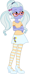 Size: 994x2388 | Tagged: safe, artist:ajosterio, imported from derpibooru, sugarcoat, human, equestria girls, casual, clothes, crossed arms, glasses, hairpin, leggings, ponytails, shirt, shoes, simple background, skirt, smiling, socks, solo, striped socks, transparent background