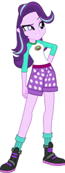 Size: 800x2129 | Tagged: safe, artist:ajosterio, imported from derpibooru, starlight glimmer, human, equestria girls, camp everfree logo, camp everfree outfits, clothes, clothes swap, cute, denim, denim shorts, eyebrows, female, glimmerbetes, legs, long sleeved shirt, long sleeves, pockets, raised eyebrow, shirt, shoes, shorts, simple background, smiling, smirk, socks, solo, transparent background