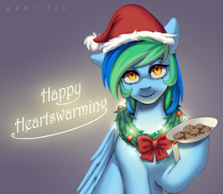 Size: 1383x1208 | Tagged: safe, artist:gabrilis, imported from derpibooru, oc, oc only, pegasus, undead, vampire, vampony, bow, christmas, cookie, fangs, food, hat, holiday, lights, santa hat, text, wreath