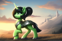 Size: 768x512 | Tagged: safe, imported from derpibooru, oc, oc only, oc:anon-mare, pony, unicorn, ai content, ai generated, armor, castle, female, mare, side view, solo