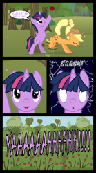 Size: 1280x2300 | Tagged: safe, artist:bigsnusnu, imported from derpibooru, applejack, twilight sparkle, earth pony, pony, unicorn, comic:dusk shine in pursuit of happiness, applebuck season, apple, apple tree, applebucking, applejack's hat, comic, cowboy hat, dusk shine, groin attack, hat, implied balls, onomatopoeia, rule 63, sound effects, speech bubble, standing on two hooves, sweet apple acres, this ended in pain, tree, white eyes, zzz
