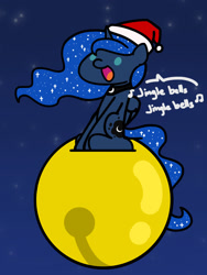 Size: 1350x1800 | Tagged: safe, artist:flutterluv, imported from derpibooru, princess luna, alicorn, pony, series:flutterluv's full moon, bell, christmas, full moon, hat, holiday, jingle bells, moon, santa hat, singing, solo, tangible heavenly object