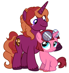 Size: 2645x2808 | Tagged: safe, artist:ponykittenboi, imported from derpibooru, oc, oc only, oc:roaring maw, oc:rose petal, big cat, lion, pony, unicorn, derpibooru community collaboration, 2023 community collab, duo, family, father and child, father and daughter, female, filly, foal, freckles, glasses, hoof on cheek, looking at each other, looking at someone, male, round glasses, short mane, short tail, show accurate, simple background, sitting, smiling, stallion, tail, transparent background, two toned mane, two toned tail