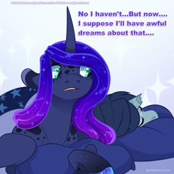 Size: 1200x1200 | Tagged: safe, artist:eve-of-halloween, imported from derpibooru, princess luna, oc, oc:intemp, hybrid, original species, hallowverse, tumblr:askmotherlyluna, ask, blue hair, body markings, broken horn, butt, canon x oc, crossed hooves, cuddly, curved horn, ears back, ethereal mane, female, freckles, gradient hooves, gradient mane, green eyes, hooves, horn, hug, long hair, long mane, male, mare, pillow, pillow hug, sad, shipping, simple background, sleeping, spots, stallion, upset, worried