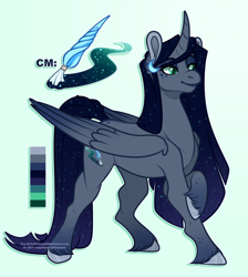 Size: 1118x1248 | Tagged: safe, artist:eve-of-halloween, imported from derpibooru, oc, oc only, oc:nightfall, alicorn, hallowverse, tumblr:askmotherlyluna, alicorn oc, body markings, color palette, colored wings, crossed hooves, curved horn, cutie mark, ethereal mane, ethereal tail, fetlock tuft, freckles, gradient background, gradient hooves, gradient mane, gradient wings, hooves, horn, long hair, long mane, long tail, male, nexgen, next generation, offspring, parent:oc:intemp, parent:princess luna, parents:canon x oc, reference sheet, simple background, sparkles, stallion, tail, unshorn fetlocks, wings