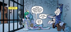 Size: 1334x607 | Tagged: safe, artist:andypriceart, idw, imported from derpibooru, princess celestia, star swirl the bearded, alicorn, pony, unicorn, reflections, spoiler:comic, spoiler:comic18, alternate universe, celestia is not amused, dialogue, duo focus, female, g4, male, mare, royal guard, speech bubble, stallion, unamused