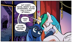 Size: 1302x750 | Tagged: safe, artist:andypriceart, idw, imported from derpibooru, observer (character), princess celestia, princess luna, alicorn, pony, reflections, spoiler:comic, spoiler:comic20, bandage, bandaid, cute, cutelestia, dialogue, duo, eyes closed, female, floppy ears, g4, heart, horn, horns are touching, looking up, lunabetes, mare, missing accessory, royal sisters, sibling love, siblings, sisterly love, sisters, smiling, speech bubble