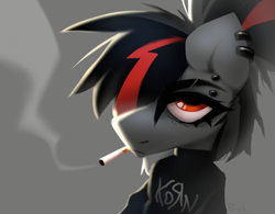 Size: 2080x1620 | Tagged: safe, artist:rtootb, imported from derpibooru, oc, oc only, oc:era, pegasus, pony, angle, angry, black mane, cigarette, digital art, female, gray background, korn, lightning, looking at you, looking up, mare, pegasus oc, piercing, ponytail, simple background, smoke, smoking, solo