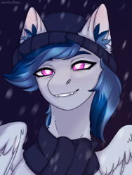 Size: 1620x2160 | Tagged: safe, artist:enderbee, imported from derpibooru, oc, oc only, oc:engel, bat pony, pegasus, pony, bust, clothes, commission, ear fluff, fangs, floppy ears, hat, portrait, scarf, simple background, smiling, snow, snowfall, white pupils, ych result