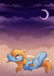 Size: 2000x2800 | Tagged: safe, artist:madelinne, imported from derpibooru, oc, oc only, oc:comet dasher, pegasus, pony, cloud, male, moon, sky, solo, stallion, stars, sunset