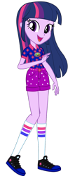 Size: 576x1484 | Tagged: safe, artist:ajosterio, imported from derpibooru, twilight sparkle, human, equestria girls, belt, camp everfree logo, camp everfree outfits, clothes, clothes swap, collar, denim, denim shorts, female, full body, looking at you, open mouth, open smile, pockets, shirt, shoes, shorts, simple background, smiling, socks, solo, transparent background