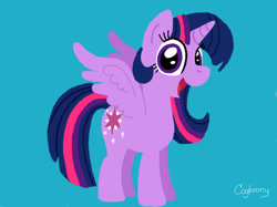 Size: 1024x765 | Tagged: safe, artist:thebrokencog, imported from derpibooru, twilight sparkle, alicorn, pony, blue background, female, full body, hooves, horn, looking at you, mare, open mouth, open smile, signature, simple background, smiling, smiling at you, solo, spread wings, standing, tail, twilight sparkle (alicorn), wings