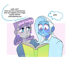 Size: 1500x1243 | Tagged: safe, artist:stevetwisp, imported from derpibooru, maud pie, trixie, human, equestria girls, blushing, book, clothes, dialogue, ear piercing, earring, eyelashes, female, gasp, jewelry, mauxie, piercing, shirt, simple background