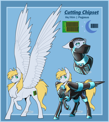 Size: 4460x5000 | Tagged: safe, artist:parrpitched, imported from derpibooru, oc, oc only, oc:cutting chipset, pegasus, pony, bound wings, clothes, fireheart76's latex suit design, hypno eyes, hypnosis, impossibly large wings, large wings, latex, latex mask, latex suit, male, prisoners of the moon, pronouns, reference sheet, rubber, rubber suit, slim, solo, spread wings, stallion, visor, wings