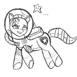 Size: 2400x2400 | Tagged: safe, artist:tigerbeetle, derpibooru exclusive, imported from derpibooru, sunny starscout, earth pony, astronaut, dreamworks face, duo, eyebrows, eyelashes, female, floating, g5, heart, helmet, mare, simple background, sketch, spacesuit, stars, white background