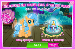 Size: 1964x1298 | Tagged: safe, imported from derpibooru, dusty swift, pegasus, pony, advertisement, background character, background pony, costs real money, english, female, flower, fountain, gameloft, las pegasus resident, mare, numbers, official, sale, solo, solo focus, spread wings, text, wings
