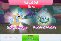 Size: 1266x856 | Tagged: safe, imported from derpibooru, dusty swift, pegasus, pony, background character, background pony, bundle, costs real money, english, female, flower, fountain, gameloft, las pegasus resident, mare, my little pony: magic princess, numbers, official, sale, solo, solo focus, spread wings, stage, text, wings