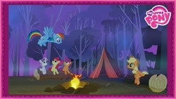 Size: 1920x1080 | Tagged: safe, edit, edited screencap, imported from derpibooru, screencap, apple bloom, applejack, rainbow dash, scootaloo, sweetie belle, earth pony, pegasus, pony, unicorn, sleepless in ponyville, 2012, campfire, camping, female, filly, fire, foal, logo, mare, my little pony logo, preview, tent