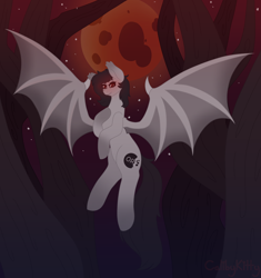 Size: 4504x4784 | Tagged: safe, artist:calibykitty, imported from derpibooru, oc, oc:cream oreo cake, bat pony, pony, bat wings, black hair, black mane, blood moon, fanart, fangs, forest, glowing, glowing eyes, gray coat, halloween, holiday, hoof on chest, lidded eyes, looking at you, moon, old art, red eyes, red sky, slit pupils, smiling, smiling at you, smirk, solo, spooky, transformation, tree, wings