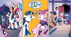 Size: 1334x705 | Tagged: safe, artist:andypriceart, idw, imported from derpibooru, night light, princess cadance, shining armor, twilight sparkle, twilight velvet, alicorn, pony, unicorn, neigh anything, spoiler:comic, spoiler:comic11, dialogue, female, filly, filly twilight sparkle, g4, male, mare, meme origin, screaming armor, speech bubble, stallion, teen princess cadance, teen shining armor, teenager, trio focus, unicorn twilight, younger