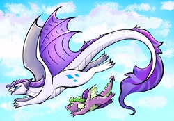 Size: 2360x1640 | Tagged: source needed, safe, artist:dragongirl596, imported from derpibooru, rarity, spike, dragon, dragoness, dragonified, female, flying, happy, raridragon, sky, sky background, species swap