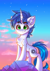 Size: 1668x2388 | Tagged: safe, artist:falafeljake, imported from derpibooru, oc, oc only, oc:shifting gear, pony, unicorn, chest fluff, crystal, ear fluff, male, multicolored tail, solo, stallion, sunset, tail