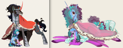 Size: 1660x658 | Tagged: safe, artist:coypuppy, imported from derpibooru, king sombra, opaline arcana, alicorn, pony, unicorn, spoiler:g5, spoiler:my little pony: make your mark, blank flank, g4, g5, misty brightdawn, signature, simple background, tongue out, white background, x eyes