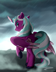 Size: 798x1024 | Tagged: safe, artist:rutkotka, imported from derpibooru, opaline arcana, alicorn, pony, spoiler:g5, spoiler:my little pony: make your mark, bitter, cold, dark, eyebrows, eyeshadow, female, frown, g5, lidded eyes, looking at you, looking back, looking back at you, makeup, mare, my little pony: make your mark, my little pony: make your mark chapter 2, rain, raised hoof, rear view, sad, sadness, signature, sketch, solo