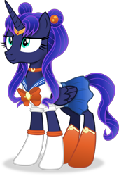 Size: 3266x4799 | Tagged: safe, artist:anime-equestria, imported from derpibooru, princess luna, alicorn, pony, absurd resolution, alternate hairstyle, boots, clothes, cosplay, costume, crossover, female, gloves, headband, horn, jewelry, necklace, outfit, ribbon, sailor moon, sailor uniform, shoes, simple background, smiling, solo, transparent background, tsukino usagi, uniform, vector, wings