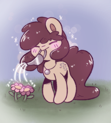 Size: 945x1046 | Tagged: safe, artist:typhwosion, imported from derpibooru, oc, oc only, oc:louvely, earth pony, pony, commission, flower, solo, watering can