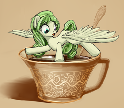 Size: 2684x2337 | Tagged: safe, artist:uteuk, imported from derpibooru, oc, oc only, oc:teadrop, pegasus, pony, coffee, coffee cup, cup, cup of pony, female, heterochromia, micro, simple background, spoon