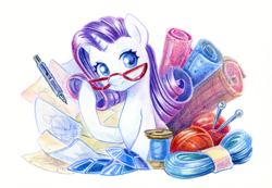 Size: 1448x1000 | Tagged: safe, artist:maytee, imported from derpibooru, part of a set, rarity, pony, unicorn, cute, fabric, gem, glasses, knitting needles, raribetes, simple background, solo, thread, traditional art, white background, yarn