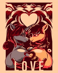 Size: 3277x4096 | Tagged: safe, artist:poxy_boxy, imported from derpibooru, oc, oc only, earth pony, pony, unicorn, butt, commission, duo, heart, limited palette, looking at each other, looking at someone, oc x oc, plot, shipping