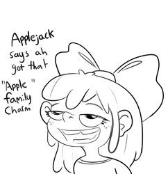 Size: 2312x2388 | Tagged: safe, artist:tjpones, imported from derpibooru, apple bloom, human, black and white, freckles, grayscale, high res, humanized, lidded eyes, monochrome, open mouth, open smile, simple background, smiling, solo, traditional art, white background