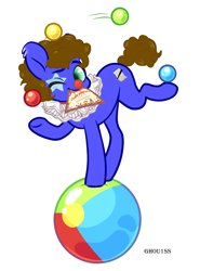 Size: 700x945 | Tagged: safe, artist:ghou1ss, imported from derpibooru, oc, oc:silly scribe, earth pony, pony, ball, clown, clown makeup, clown nose, commission, earth pony oc, juggling, one eye closed, open mouth, red nose, simple background, solo, standing on two hooves, white background, wink, ych result