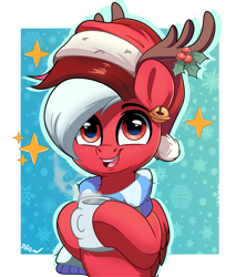 Size: 1529x1794 | Tagged: safe, artist:joaothejohn, imported from derpibooru, oc, oc only, oc:flamebrush, pegasus, pony, christmas, clothes, cute, fake antlers, hat, holiday, holly, hoof hold, hot drink, looking at you, mug, pegasus oc, santa hat, scarf, simple background, smiling, solo, wings