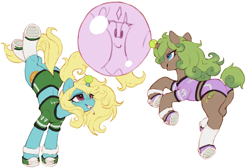 Size: 2970x1998 | Tagged: safe, artist:orchidpony, derpibooru exclusive, imported from derpibooru, twilight sparkle, oc, oc only, oc:seafoam breeze, oc:wasabi, pony, unicorn, ball, butt, clothes, duo, football, hoofball, plot, rearing, shoes, shorts, simple background, sports, sports shorts, sweatband, tennis ball, twiball, white background