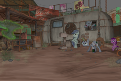 Size: 1095x730 | Tagged: safe, artist:dddromm, imported from derpibooru, derpy hooves, ditzy doo, oc, oc:littlepip, earth pony, ghoul, pegasus, pony, undead, unicorn, fallout equestria, absolutely everything, anvil, bandage, fanfic art, magic, new appleloosa, nuka cola, pipbuck, sitting, telekinesis