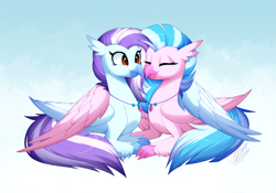 Size: 3402x2377 | Tagged: safe, artist:scarlet-spectrum, imported from derpibooru, silverstream, oc, oc:ocean breeze (savygriffs), hippogriff, canon x oc, cuddling, cute, duo, female, hippogriff oc, hug, lesbian, oceanstream, shipping, slim, winghug, wings