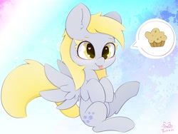 Size: 4000x3000 | Tagged: safe, artist:zokkili, imported from derpibooru, derpy hooves, pegasus, pony, :p, abstract background, cute, derpabetes, food, muffin, obligatory muffin, solo, speech bubble, tongue out