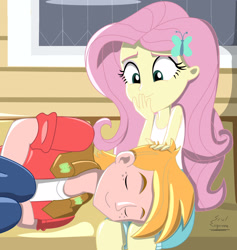 Size: 2196x2312 | Tagged: safe, artist:dashdeviant, imported from derpibooru, big macintosh, fluttershy, human, equestria girls, bench, cute, duo, female, fluttermac, hand on head, head on lap, lying down, male, shipping, signature, sitting, sleeping, straight