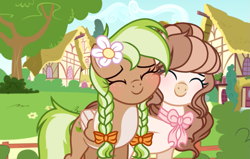 Size: 1063x675 | Tagged: safe, artist:cstrawberrymilk, imported from derpibooru, oc, oc only, oc:strawberry milk, oc:sylvia evergreen, pegasus, pony, blushing, bow, braid, braided pigtails, duo, eyes closed, female, flower, flower in hair, freckles, hair bun, hair tie, hug, mare, pegasus oc, pigtails, smiling, wings